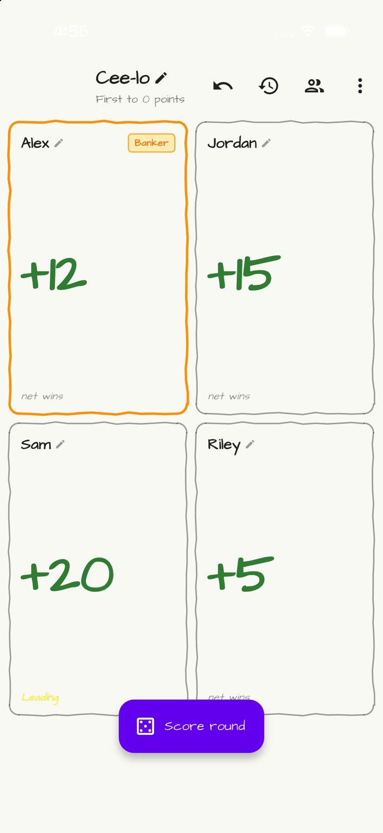 Cee-lo (4-5-6) score sheet in Doodle Score