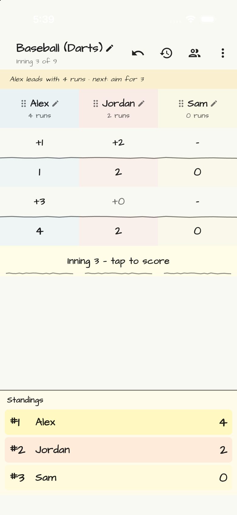Baseball (Darts) score sheet in Doodle Score