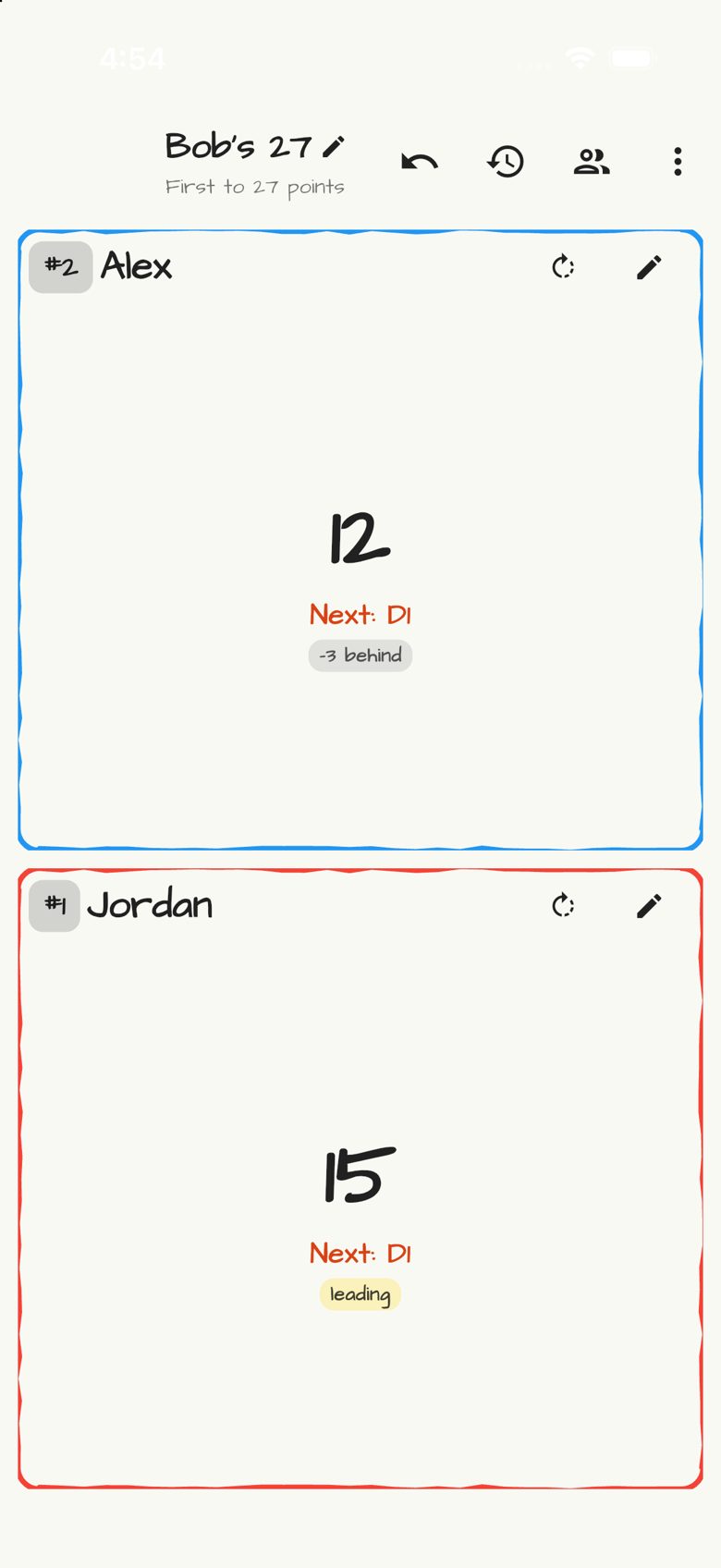 Bob's 27 score sheet in Doodle Score