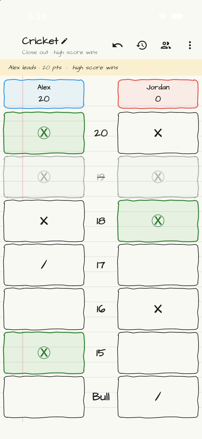 Darts Cricket score sheet in Doodle Score