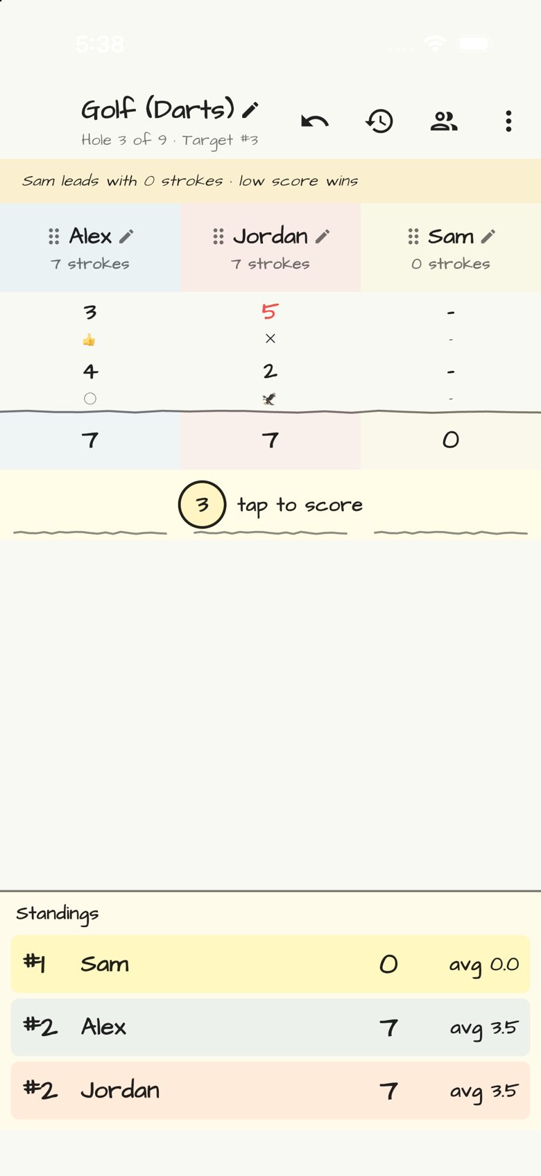 Golf (Darts) scoring entry in Doodle Score