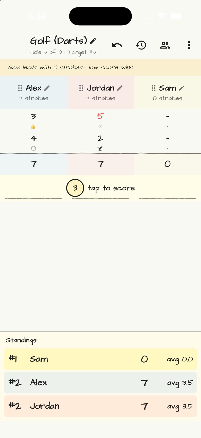 Golf (Darts) score sheet in Doodle Score