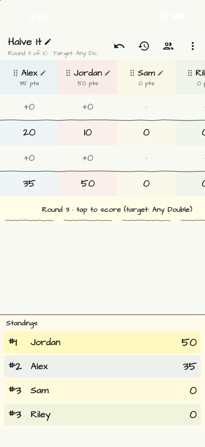 Halve It score sheet in Doodle Score