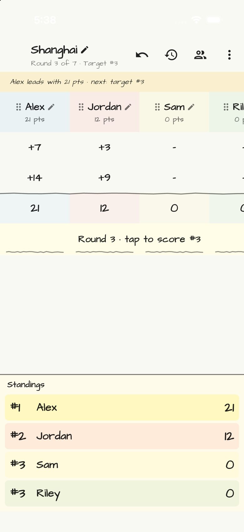 Shanghai score sheet in Doodle Score
