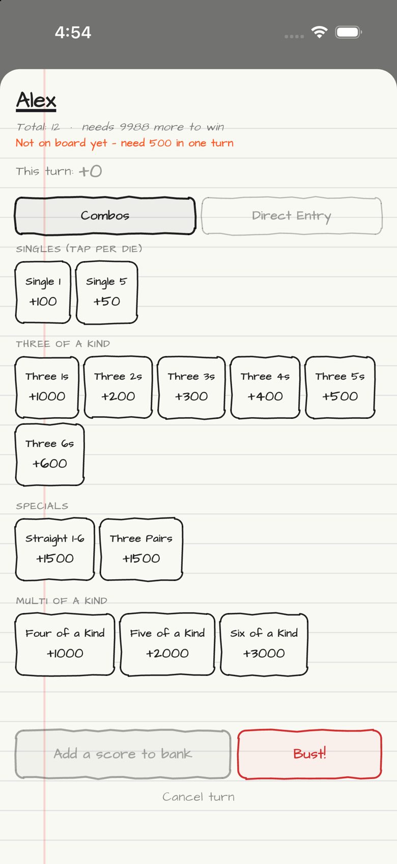 Farkle scoring entry in Doodle Score