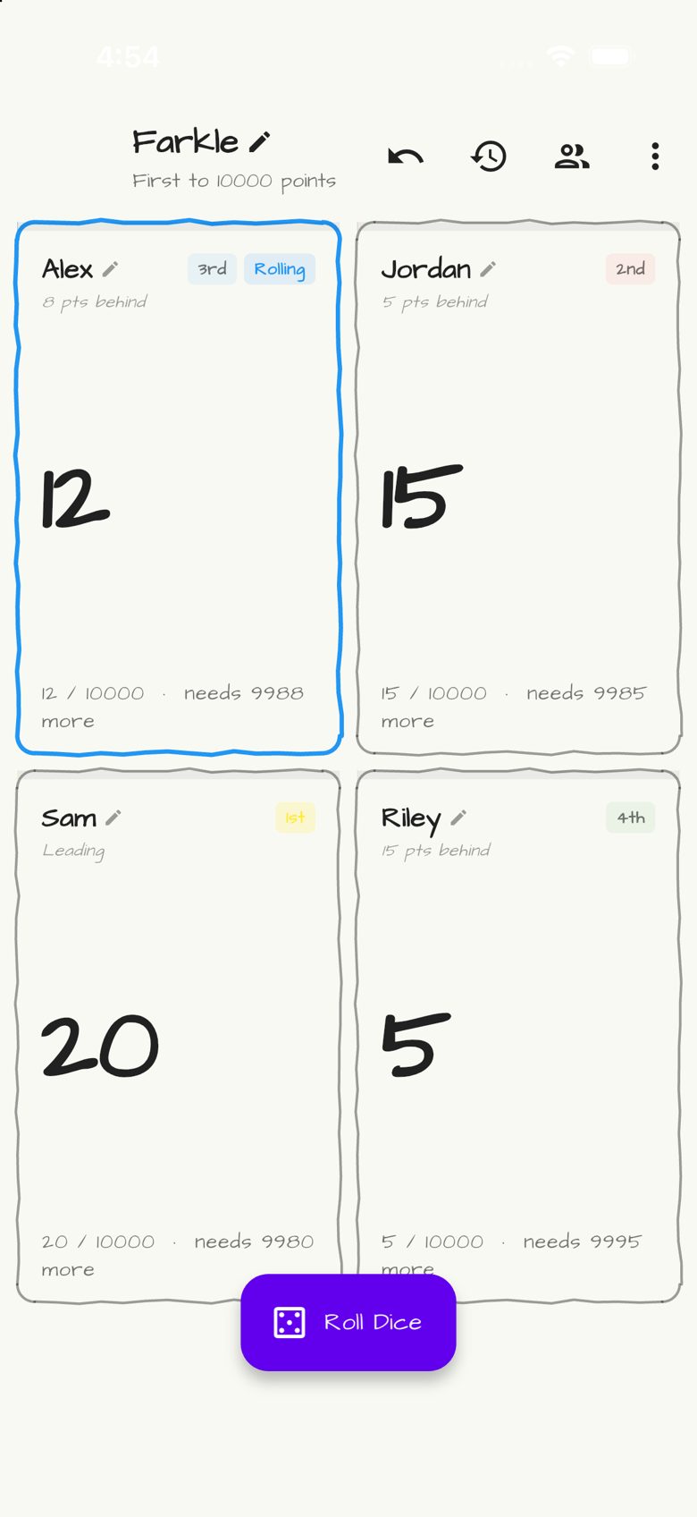 Farkle score sheet in Doodle Score