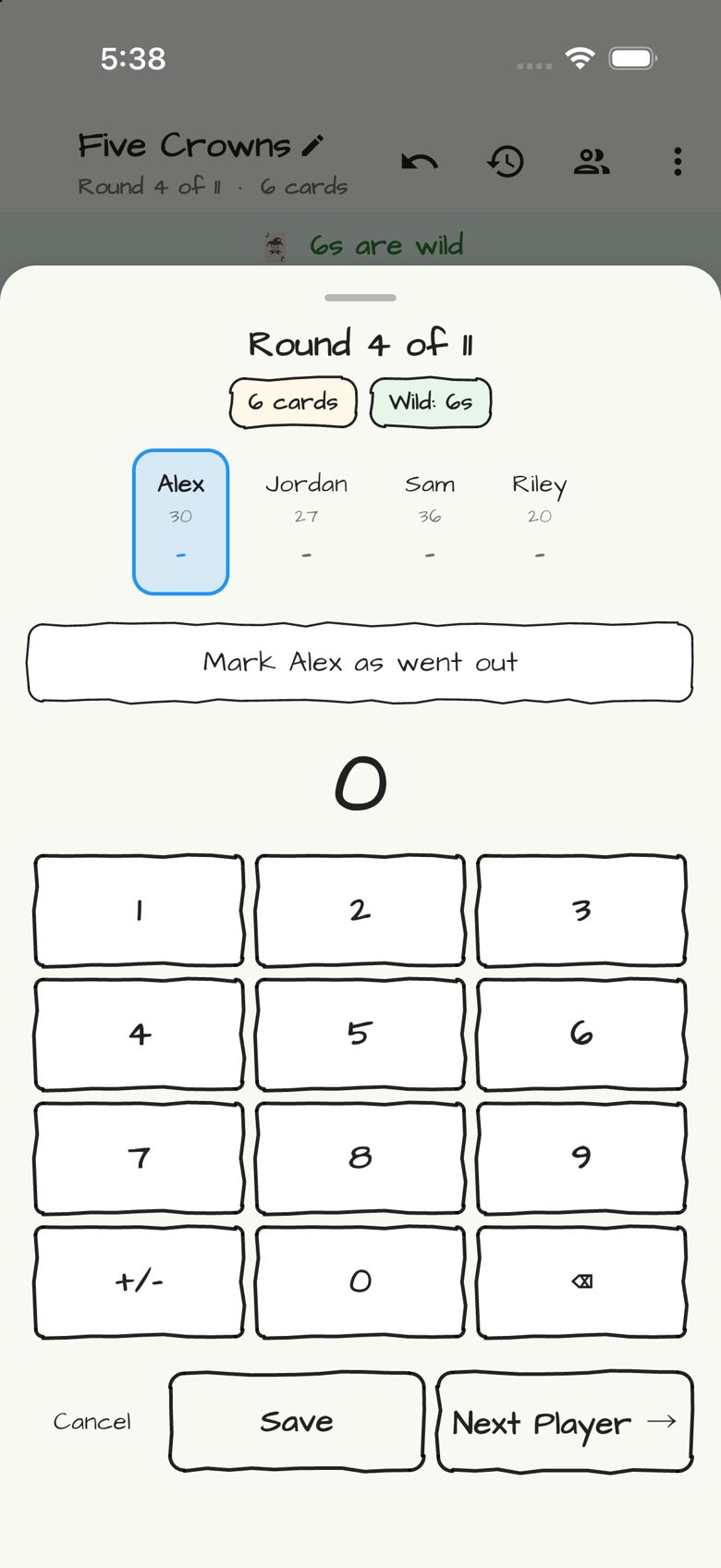 Five Crowns scoring entry in Doodle Score