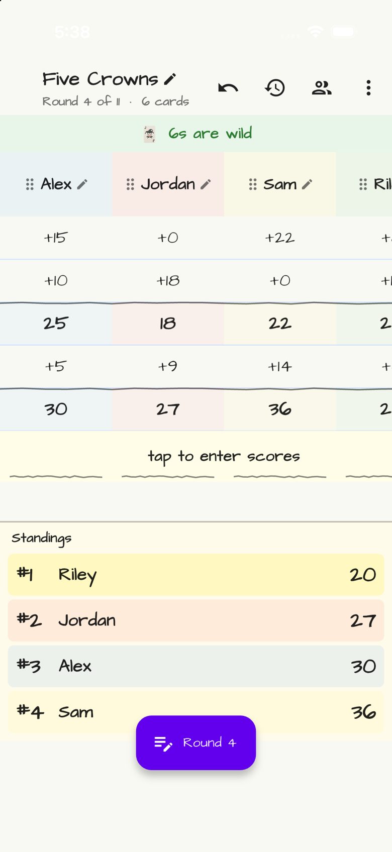 Five Crowns score sheet in Doodle Score