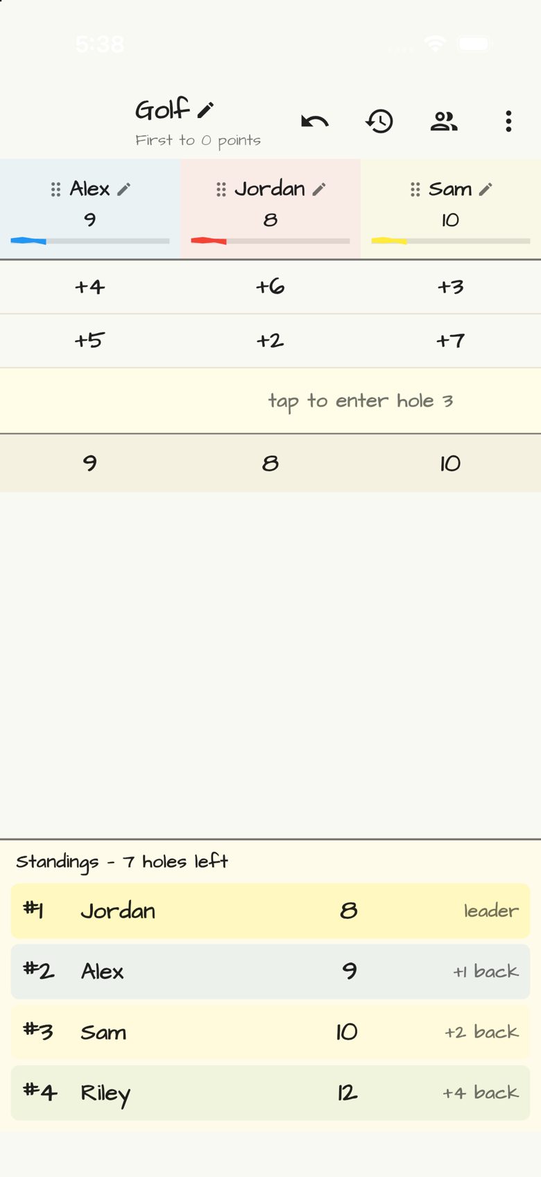 Golf (Card Game) score sheet in Doodle Score