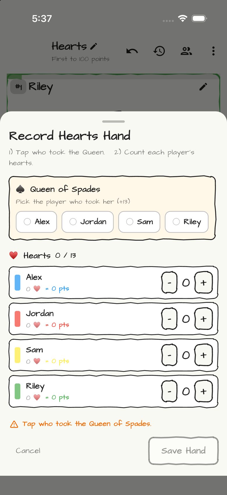 Hearts scoring entry in Doodle Score