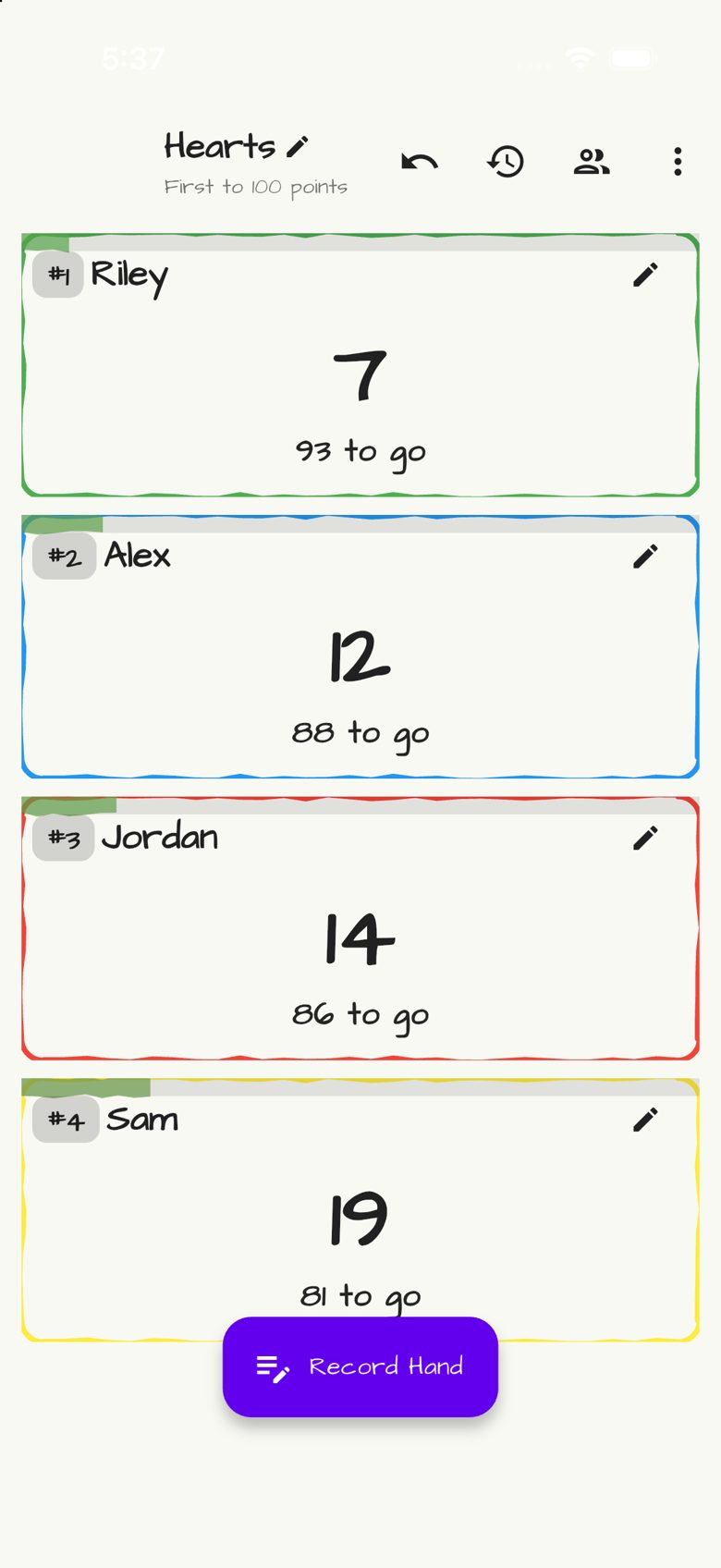 Hearts score sheet in Doodle Score