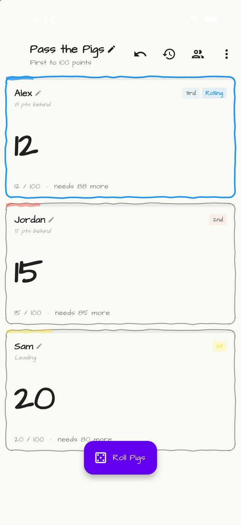 Pass the Pigs score sheet in Doodle Score