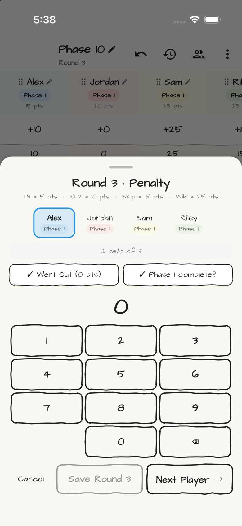 Phase 10 scoring entry in Doodle Score