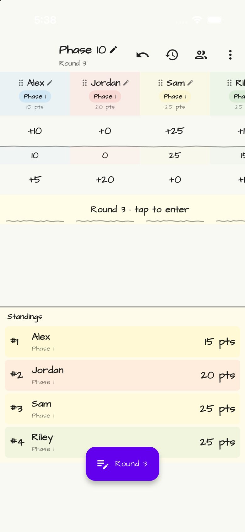Phase 10 score sheet in Doodle Score