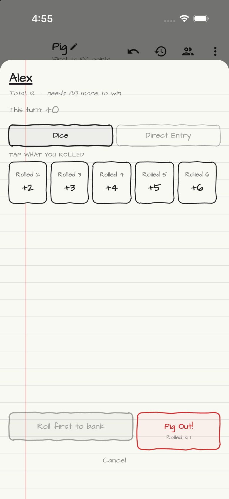 Pig scoring entry in Doodle Score