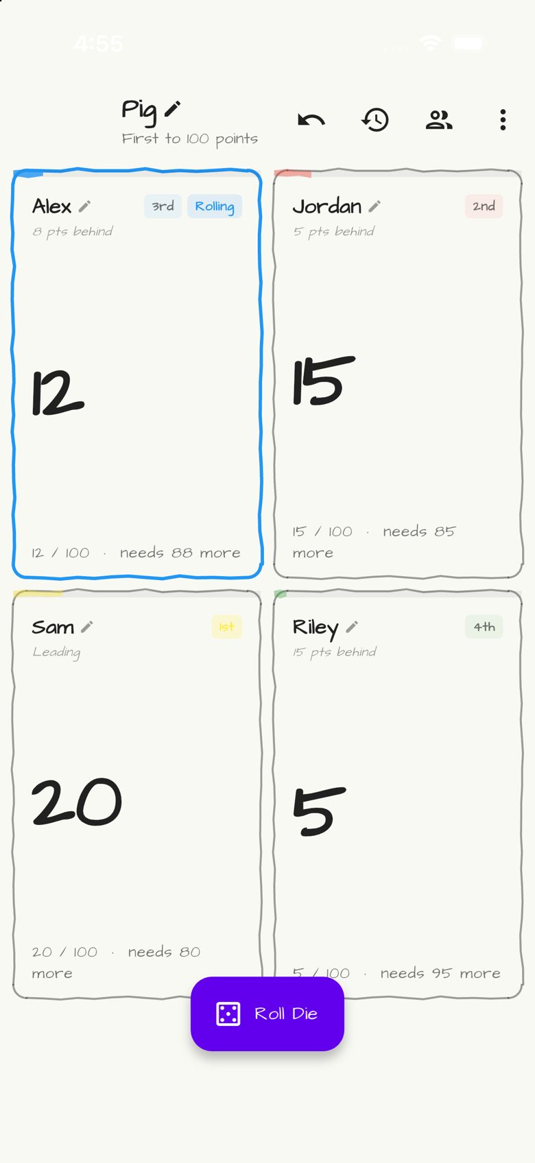 Pig score sheet in Doodle Score