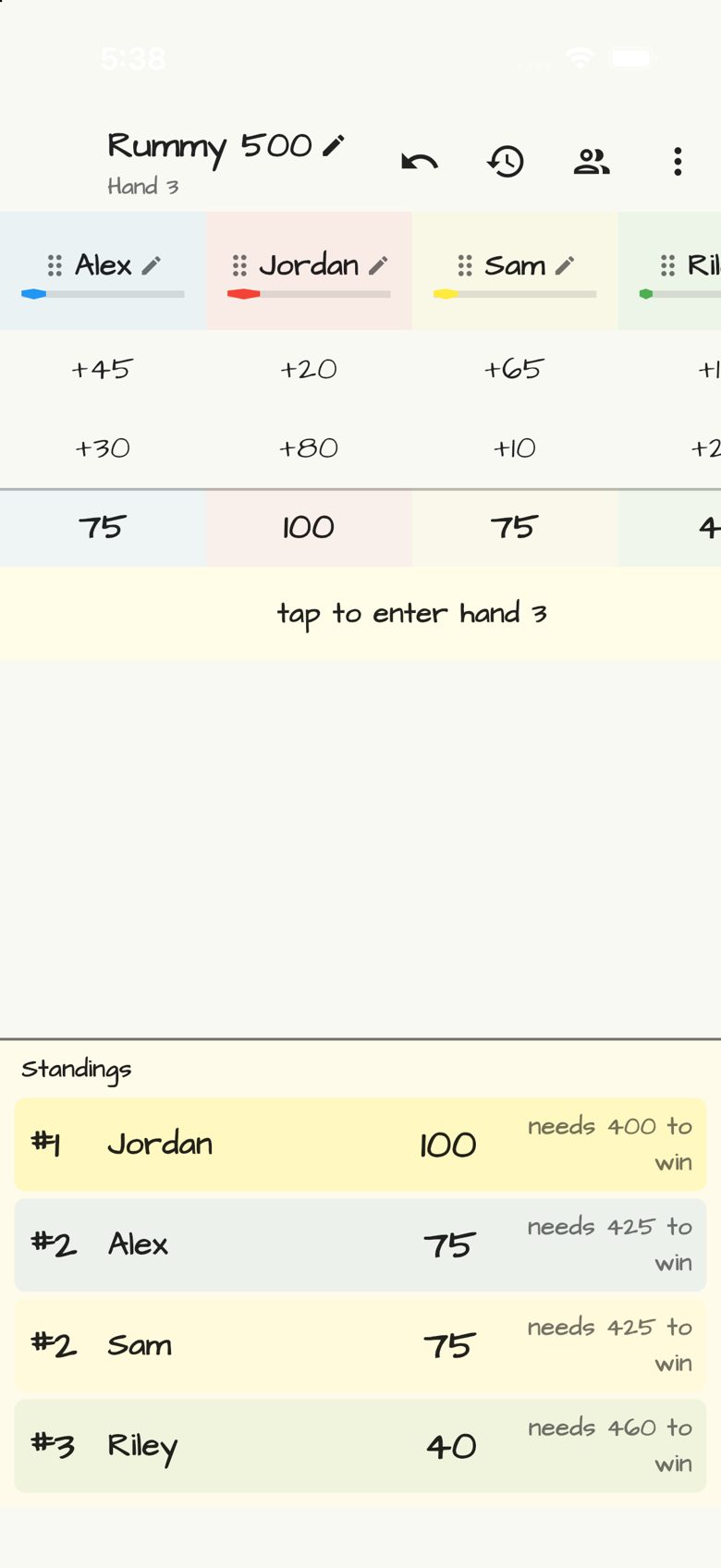 Rummy 500 (Five Hundred Rummy) score sheet in Doodle Score