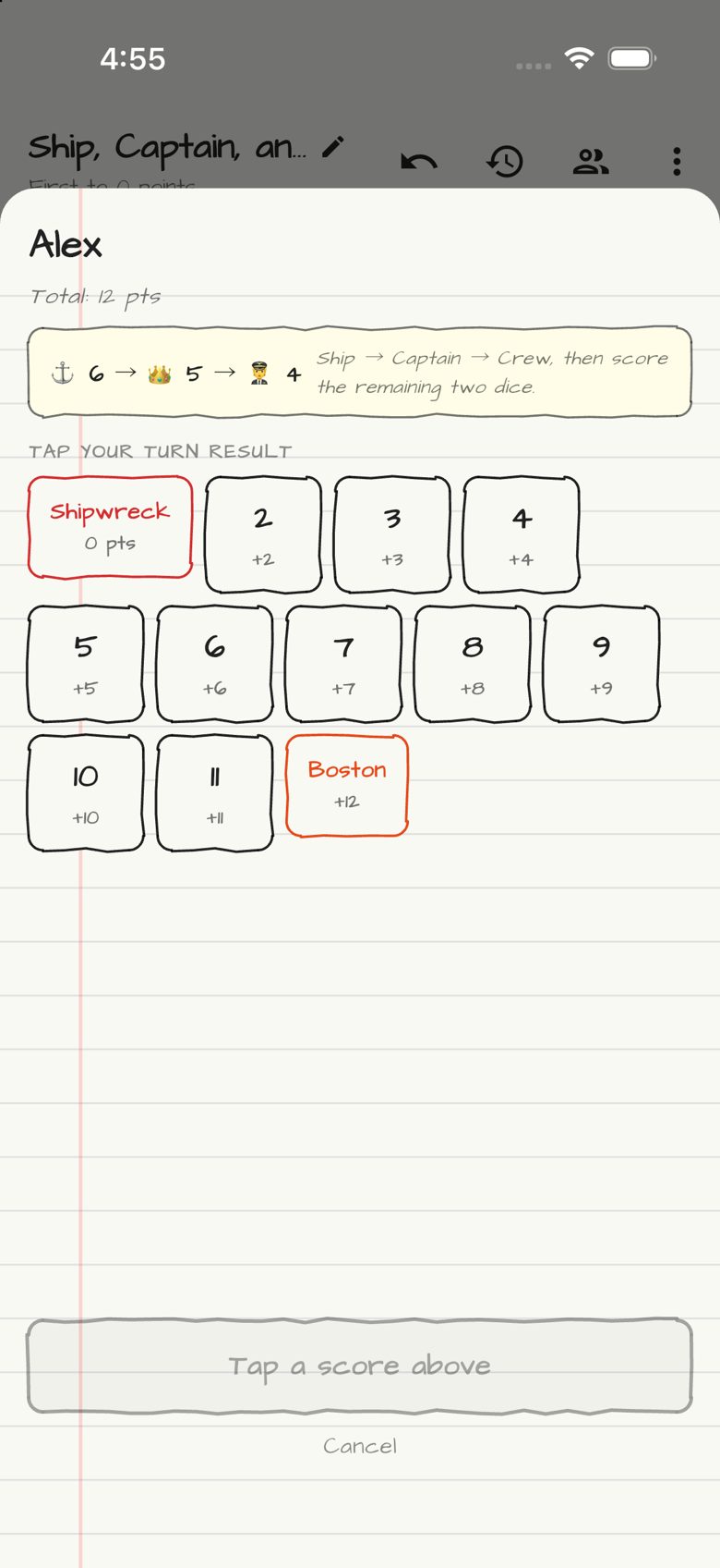 Ship, Captain, and Crew scoring entry in Doodle Score