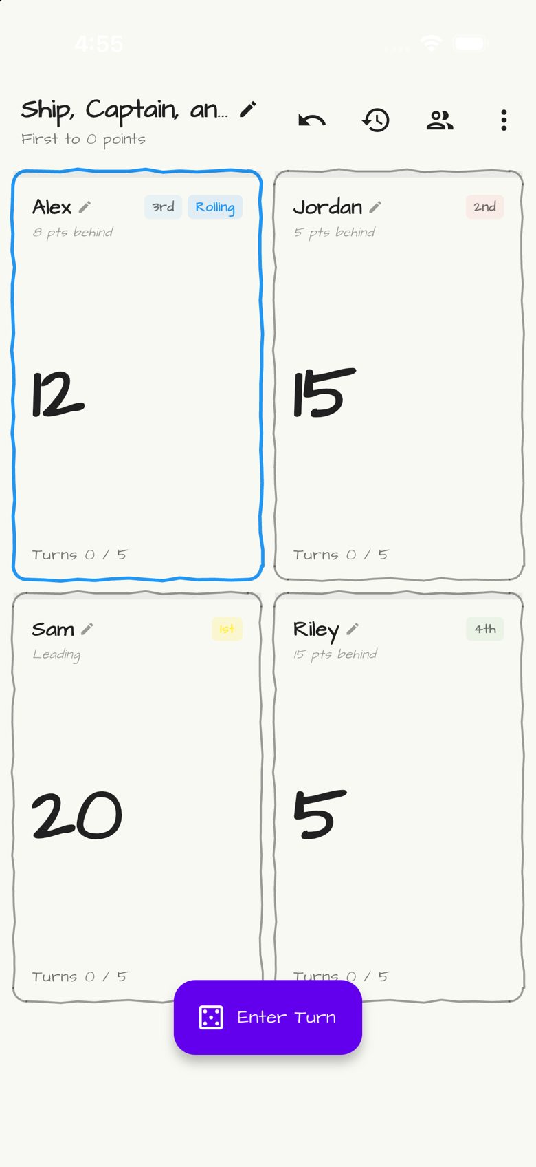 Ship, Captain, and Crew score sheet in Doodle Score