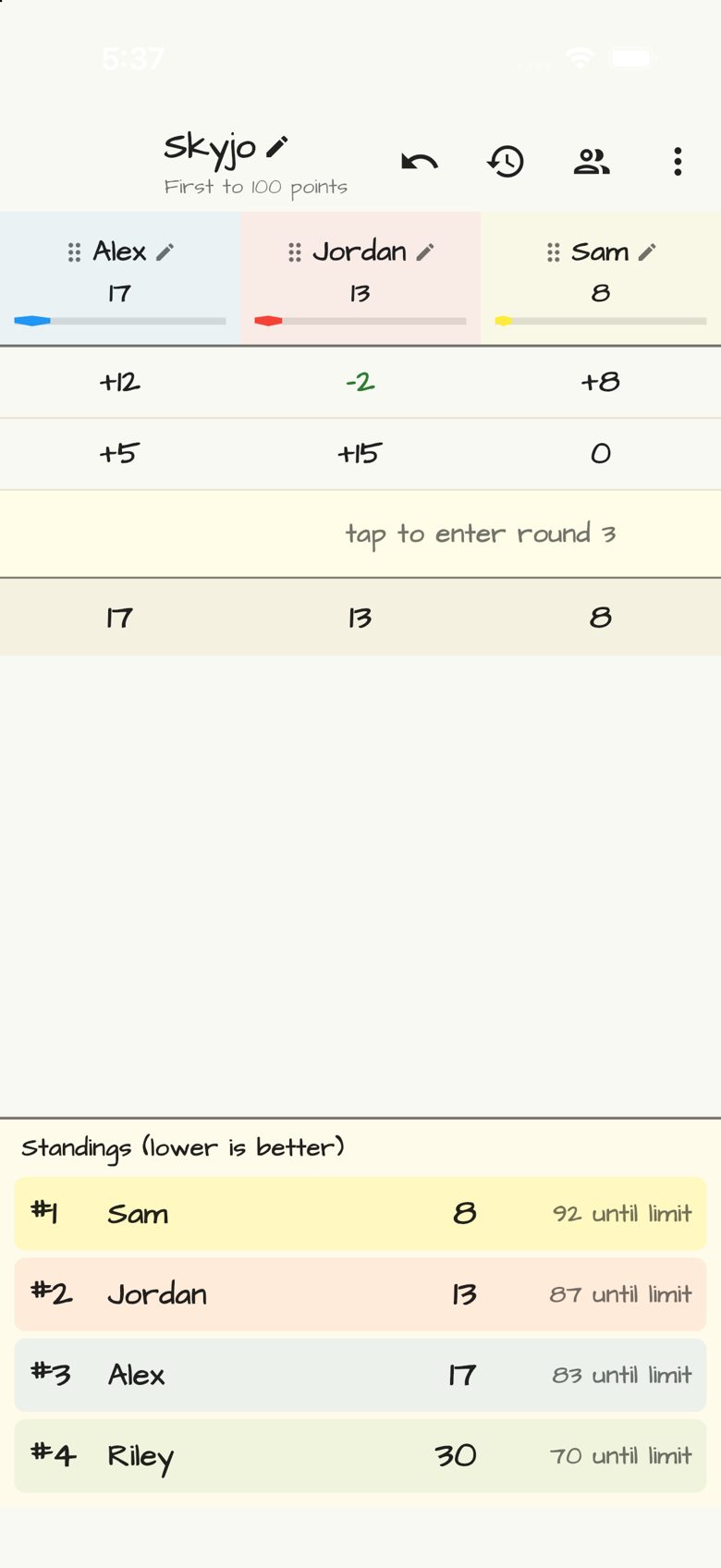 Skyjo score sheet in Doodle Score