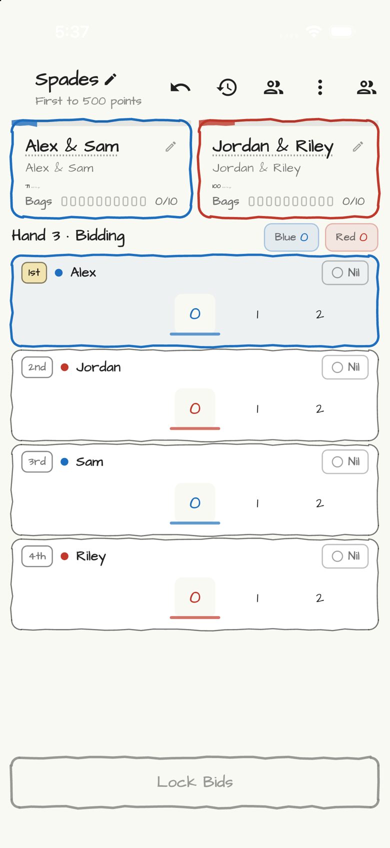 Spades score sheet in Doodle Score