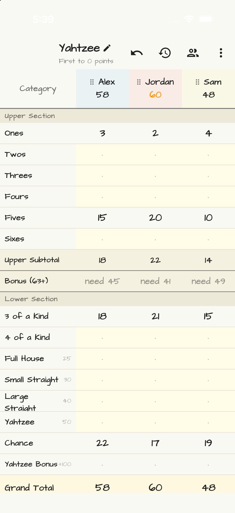 Yahtzee score sheet in Doodle Score